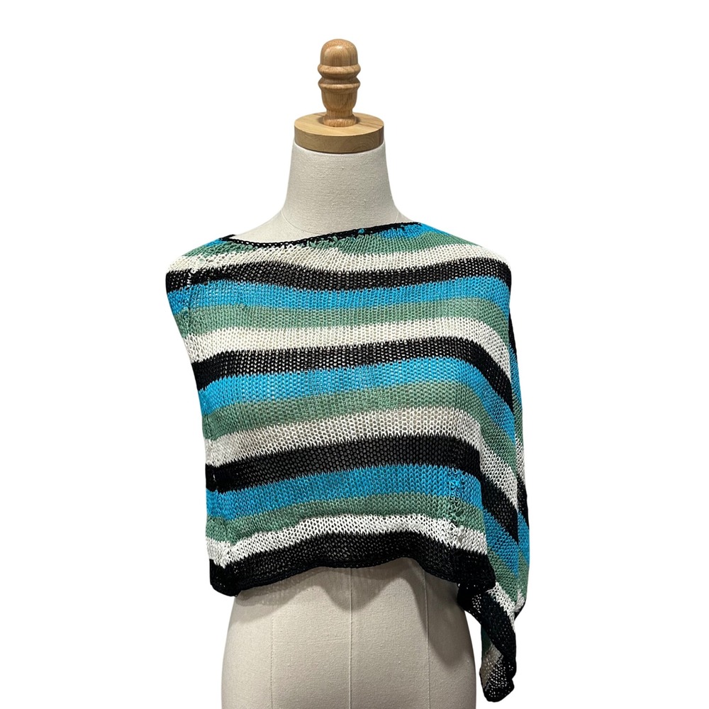 Bebe Women Striped Open Knit Poncho Top Blue Green Black White One Size OS